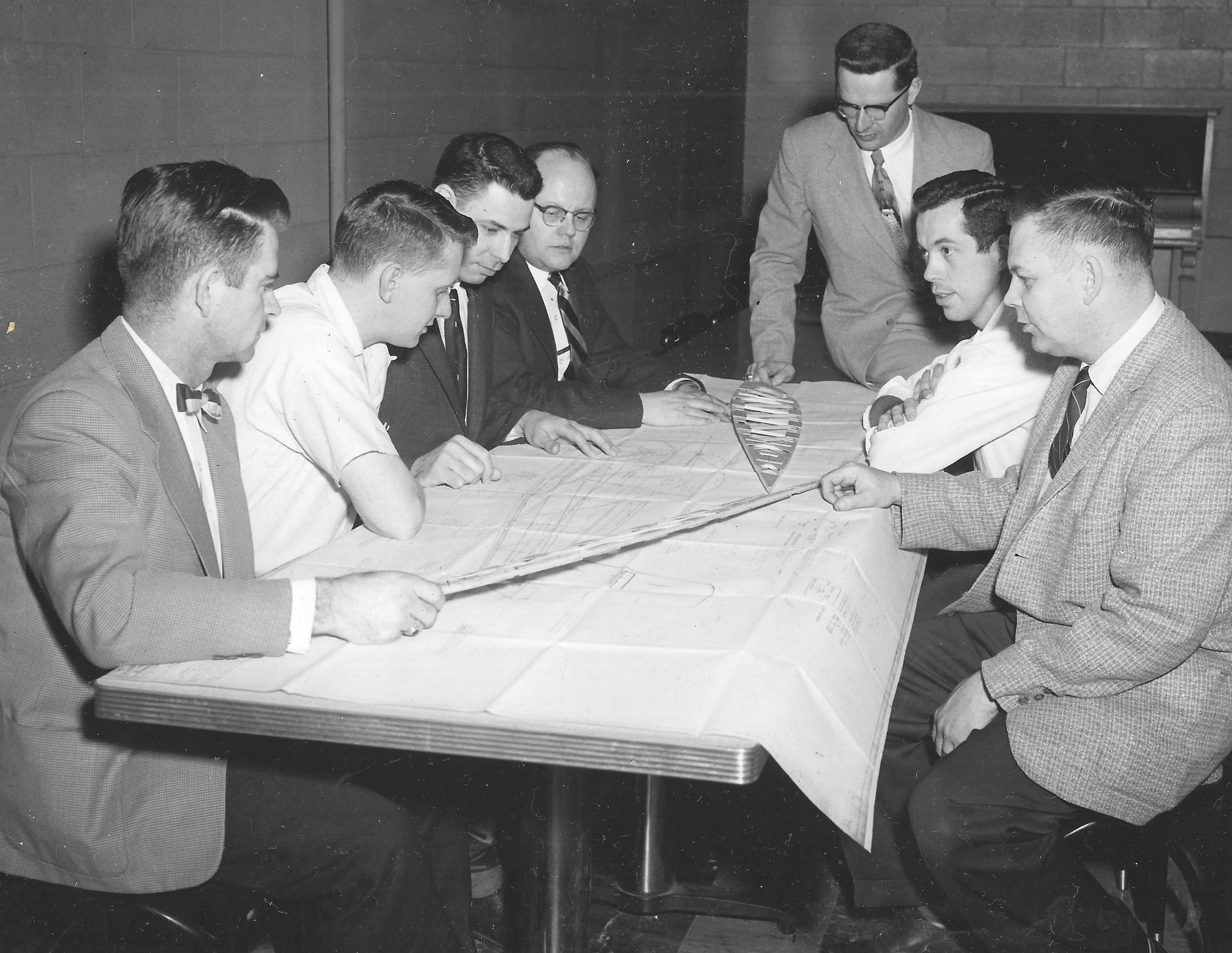 Left to right: Don Keating, Bob Okoneski, President Chet Klier, Bill Wylaw, Jesse Black, Harold Elig, Roger Gardner. May 1960