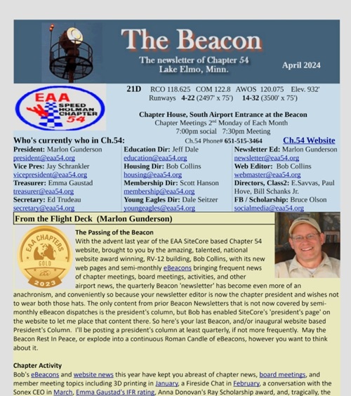 Screenshot of the April 2024 EAA Chapter 54 Newsletter