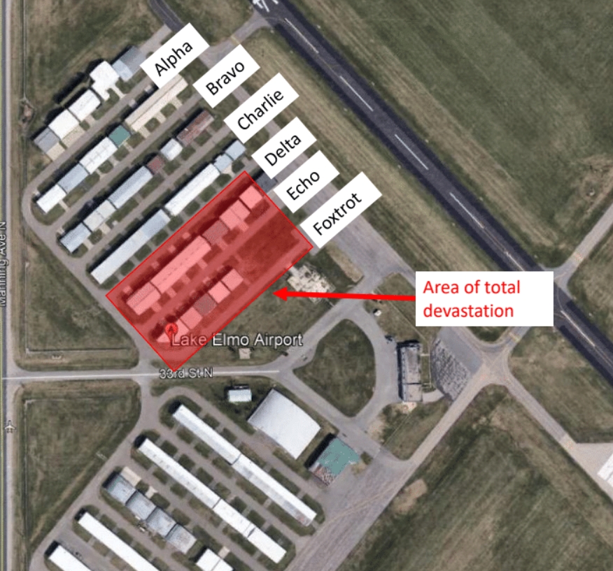 Overhead view of Lake Elmo Airport with a red shaded area depicting where microburst damage was most severe.