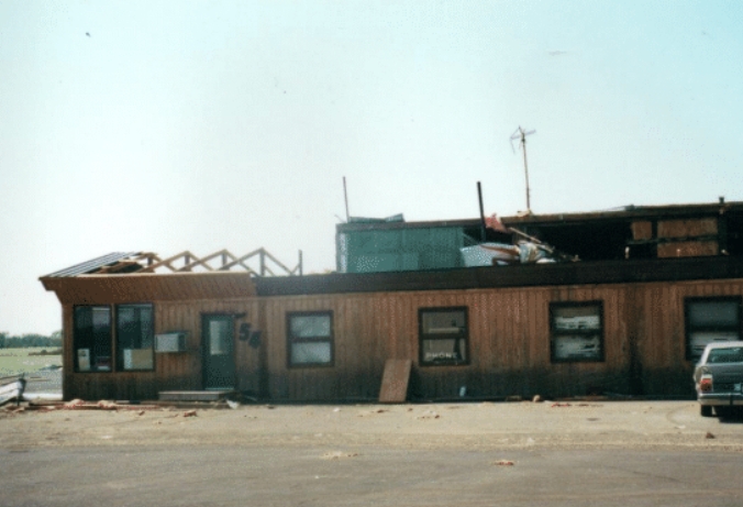 The roof of a building is gone