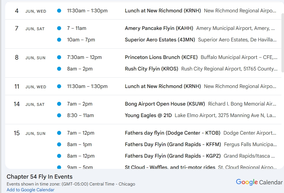 For the complete fly-in calendar, go to our website under Events and Programs