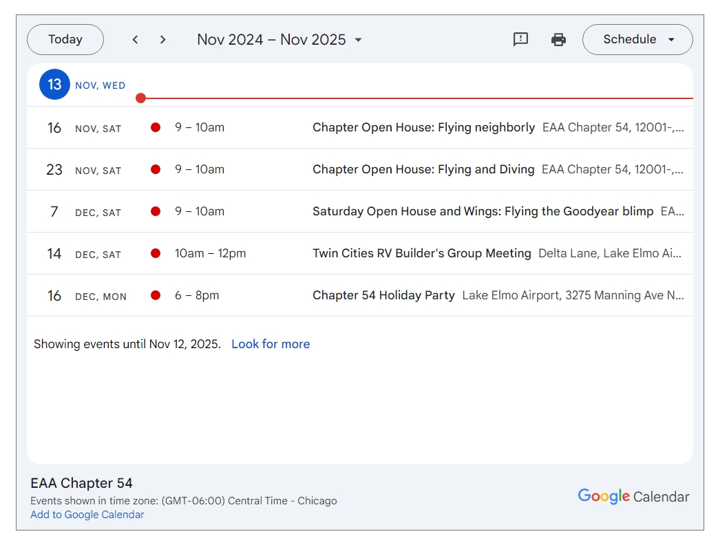 The EAA Chapter 54 calendar, via Google Calendar. Also available on the chapter's website
