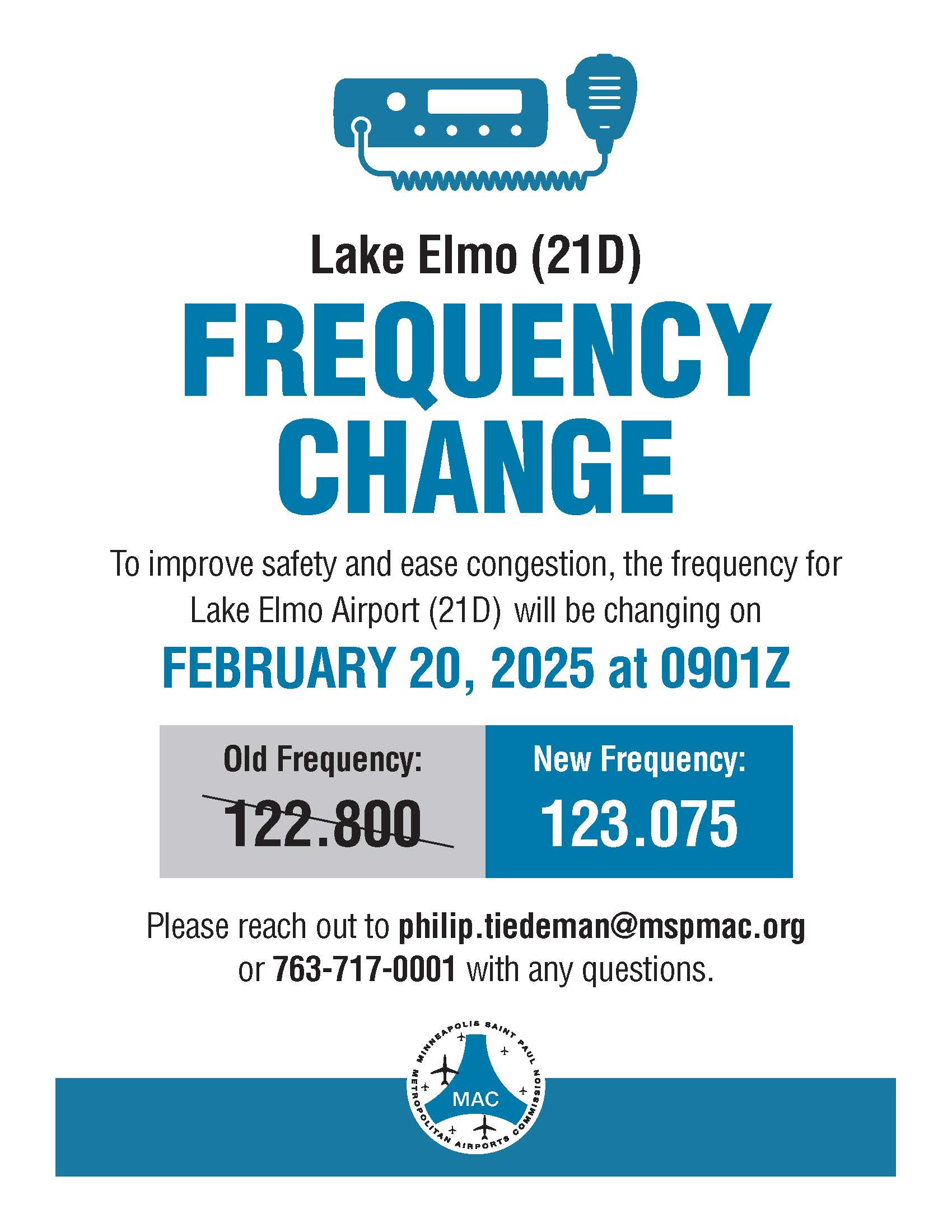 Lake Elmo Airport has a new frequency, Kenneth